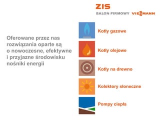 Oferowane przez nas rozwiązania oparte są  o nowoczesne, efektywne i przyjazne środowisku nośniki energii Kotły gazowe Kotły olejowe Kotły na drewno Kolektory słoneczne Pompy ciepła 