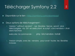 Télécharger Symfony 2.2




5

Disponible sur le lien : http://symfony.com/download
Deux options de téléchargement :
1.

Version " without vendors" . Les librairies tierces seront ainsi
téléchargées via Git en exécutant le script « bin/vendors » situé
dans l'archive

exécutez la commande :

1.

php bin/vendors install

Version simple, avec les vendors, pour avoir toutes les librairies
incluses

 