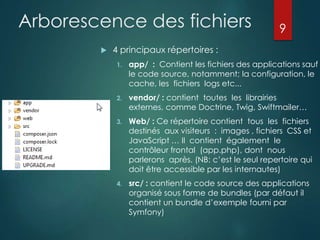 Arborescence des fichiers


9

4 principaux répertoires :
1.

app/ : Contient les fichiers des applications sauf
le code source, notamment; la configuration, le
cache, les fichiers logs etc...

2.

vendor/ : contient toutes les librairies
externes, comme Doctrine, Twig, Swiftmailer…

3.

Web/ : Ce répertoire contient tous les fichiers
destinés aux visiteurs : images , fichiers CSS et
JavaScript … Il contient également le
contrôleur frontal (app.php), dont nous
parlerons après. (NB: c‟est le seul repertoire qui
doit être accessible par les internautes)

4.

src/ : contient le code source des applications
organisé sous forme de bundles (par défaut il
contient un bundle d‟exemple fourni par
Symfony)

 