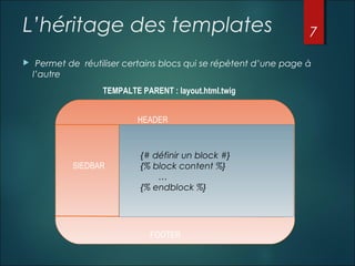L’héritage des templates


7

 Permet de  réutiliser certains blocs qui se répètent d’une page à
l’autre
TEMPALTE PARENT : layout.html.twig
HEADER

Templates fils

SIEDBAR

{% extends
{# définir un block #}
‘UserBundleBundle::layout.ml.twig’
%} {% block content %}
{% block…
content %}
{% endblock %}}}
{{ parent()
Contenu spécifique
{% endblock%}
FOOTER

 