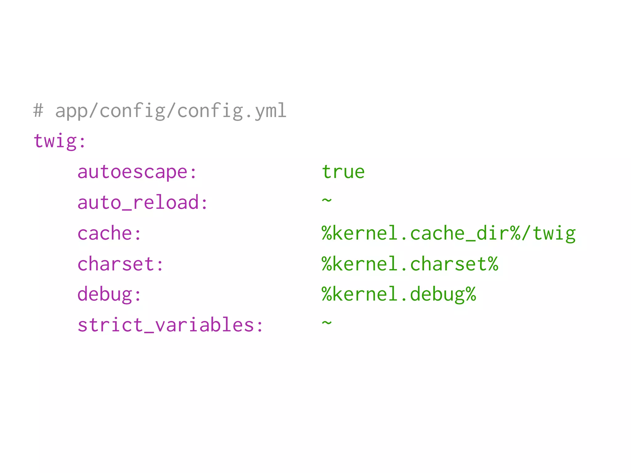 # app/config/config.yml
twig:
    autoescape:           true
    auto_reload:          ~
    cache:                %kernel.cache_dir%/twig
    charset:              %kernel.charset%
    debug:                %kernel.debug%
    strict_variables:     ~
 