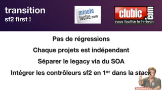Responsive Design
transition 
sf2 ﬁrst !
Pas de régressions
Chaque projets est indépendant
Séparer le legacy via du SOA
Intégrer les contrôleurs sf2 en 1er dans la stack

 