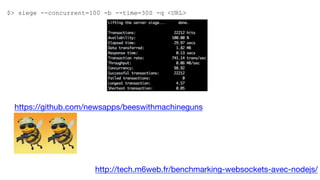https://github.com/newsapps/beeswithmachineguns 
$> siege --concurrent=100 -b --time=30S -q <URL>
http://tech.m6web.fr/benchmarking-websockets-avec-nodejs/ 
 
