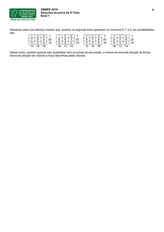OBMEP 2010
Soluções da prova da 2ª Fase
Nível 1
6
Deixamos para o(a) leitor(a) mostrar que, quando na segunda linha aparecem os números 6, 7 e 9, as possibilidades
são
1 2 4 7 1 2 4 7 1 2 4 7 1 2 4 7
7 9 6 22 9 6 7 22 9 7 6 22 9 7 6 22
5 3 8 16 8 5 3 16 3 5 8 16 8 5 3 16
13 14 18 18 13 14 13 14 18 18 13 14
Desse modo, existem apenas seis quadrados com as somas do enunciado, a menos de troca de posição de linhas ,
(troca de posição de colunas e troca das linhas pelas colunas.
 
