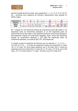 OBMEP 2011 – 2
a
Fase
Soluções– Nível 1
7
eventual omissão de termos iniciais, são a sequência 0, 1, 1, 2, 3, 5, 8, 13, 21, 34, 55,
89,..., conhecida como sequência de Fibonacci. Apresentamos esse resultado na
tabela a seguir.
comprimento 5 6 7 ... 15 16
Ímpares 1 2 3 ... 144 233
pares 2 ... 233 233 +144 = 377
total 1+ 2 = 3 2+ 3 = 5 3 + 5 = 8 ... 144 + 233 = 377 233 + 377 = 610
d) 1a
solução: As 144 sequências ímpares de comprimento quinze dão origem a 144
sequências pares de comprimento dezesseis; já as 233 sequências pares de
comprimento quinze dão origem a 233 sequências pares de comprimento dezesseis e
233 sequências ímpares de comprimento dezesseis. Assim, temos 233 sequências
ímpares de comprimento dezesseis e 377 = 233 +144 sequências pares de
comprimento dezesseis, num total de 233 + 377 = 610 sequências.
2a
solução: A parte da sequência de Fibonacci que nos interessa é 1, 2, 3, 5, 8,.....,
144, 233, 377, 610,... . O número de sequências ímpares de comprimento 15 (resp.
16) é o 15º (resp. 16º) termo dessa sequência, que é 144 (resp. 233); o número de
sequências pares de comprimento 15 (resp.16) é o 16º (resp. 17º) termo, que é 233
(resp. 377) e o número total é o 17º (resp. 18º) termo, que é 377 (resp. 610).
2 +1= 3 3 + 2 = 5
 