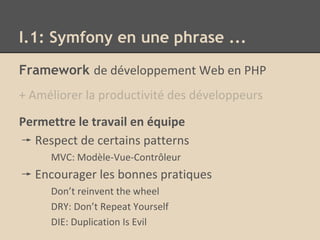 I.1: Symfony en une phrase ...
Framework de développement Web en PHP
+ Améliorer la productivité des développeurs
Permettre le travail en équipe
Respect de certains patterns
MVC: Modèle-Vue-Contrôleur
Encourager les bonnes pratiques
Don’t reinvent the wheel
DRY: Don’t Repeat Yourself
DIE: Duplication Is Evil
 