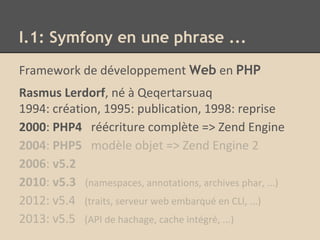 Framework de développement Web en PHP
Rasmus Lerdorf, né à Qeqertarsuaq
1994: création, 1995: publication, 1998: reprise
2000: PHP4 réécriture complète => Zend Engine
2004: PHP5 modèle objet => Zend Engine 2
2006: v5.2
2010: v5.3 (namespaces, annotations, archives phar, ...)
2012: v5.4 (traits, serveur web embarqué en CLI, ...)
2013: v5.5 (API de hachage, cache intégré, ...)
I.1: Symfony en une phrase ...
 