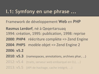 Framework de développement Web en PHP
Rasmus Lerdorf, né à Qeqertarsuaq
1994: création, 1995: publication, 1998: reprise
2000: PHP4 réécriture complète => Zend Engine
2004: PHP5 modèle objet => Zend Engine 2
2006: v5.2
2010: v5.3 (namespaces, annotations, archives phar, ...)
2012: v5.4 (traits, serveur web embarqué en CLI, ...)
2013: v5.5 (API de hachage, cache intégré, ...)
I.1: Symfony en une phrase ...
 