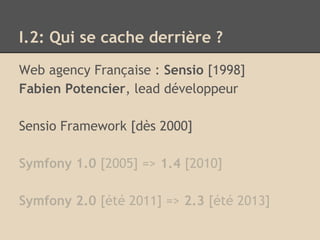 I.2: Qui se cache derrière ?
Web agency Française : Sensio [1998]
Fabien Potencier, lead développeur
Sensio Framework [dès 2000]
Symfony 1.0 [2005] => 1.4 [2010]
Symfony 2.0 [été 2011] => 2.3 [été 2013]
 
