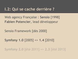 I.2: Qui se cache derrière ?
Web agency Française : Sensio [1998]
Fabien Potencier, lead développeur
Sensio Framework [dès 2000]
Symfony 1.0 [2005] => 1.4 [2010]
Symfony 2.0 [été 2011] => 2.3 [été 2013]
 