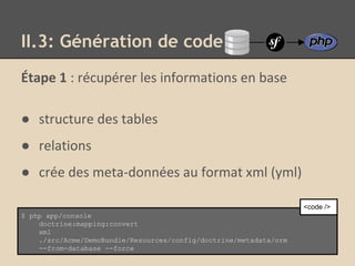 II.3: Génération de code
Étape 1 : récupérer les informations en base
● structure des tables
● relations
● crée des meta-données au format xml (yml)
$ php app/console
doctrine:mapping:convert
xml
./src/Acme/DemoBundle/Resources/config/doctrine/metadata/orm
--from-database --force
<code />
 