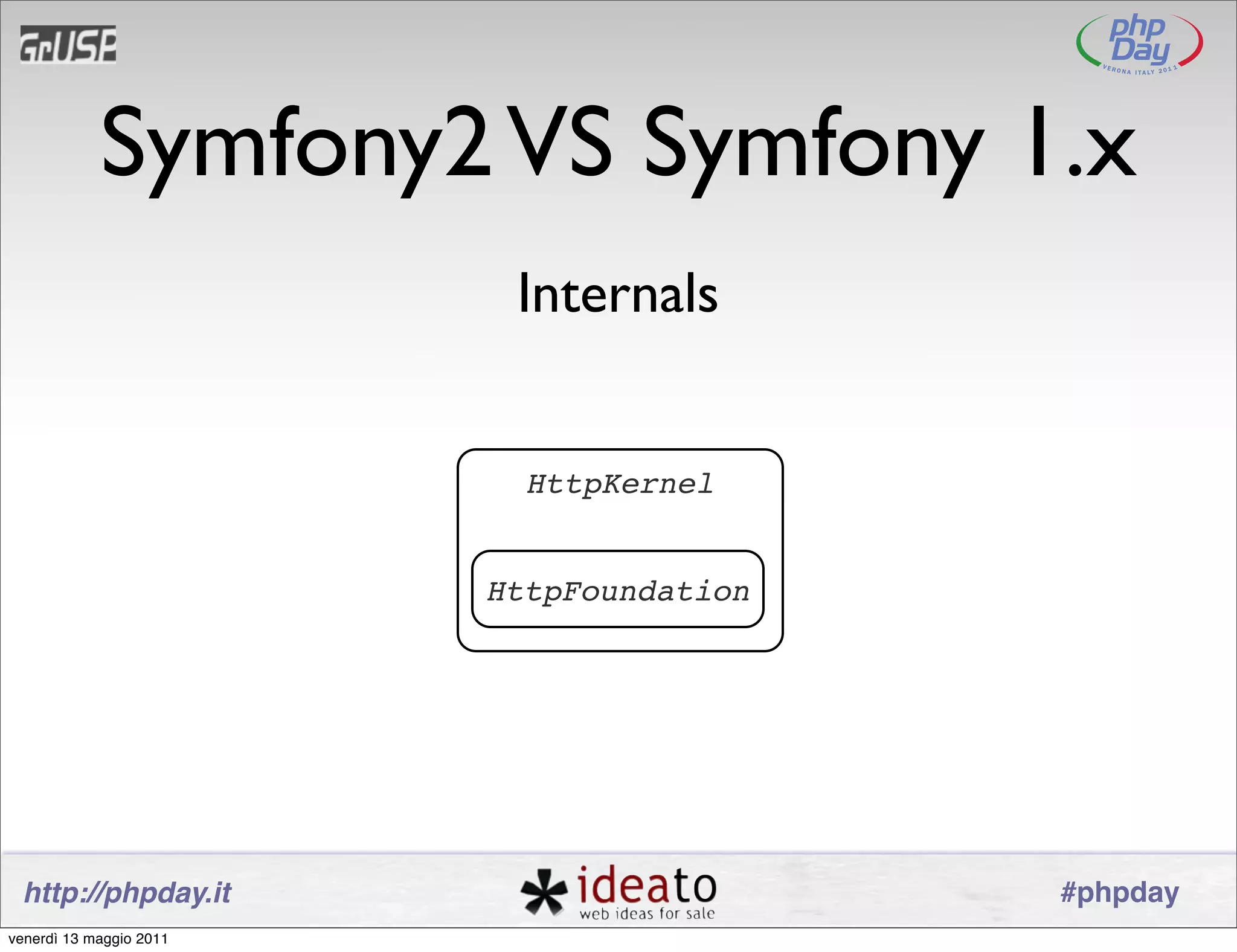 Symfony2 VS Symfony 1.x
                          Internals


                           HttpKernel


                         HttpFoundation




 http://phpday.it                         #phpday
venerdì 13 maggio 2011
 