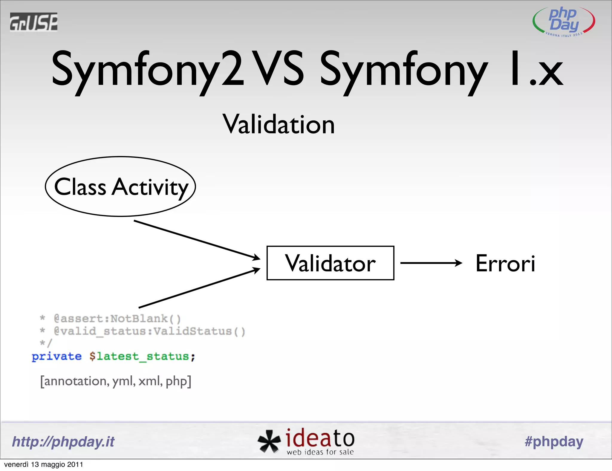 Symfony2 VS Symfony 1.x
                                       Validation

             Class Activity


                                            Validator   Errori



         [annotation, yml, xml, php]



 http://phpday.it                                           #phpday
venerdì 13 maggio 2011
 