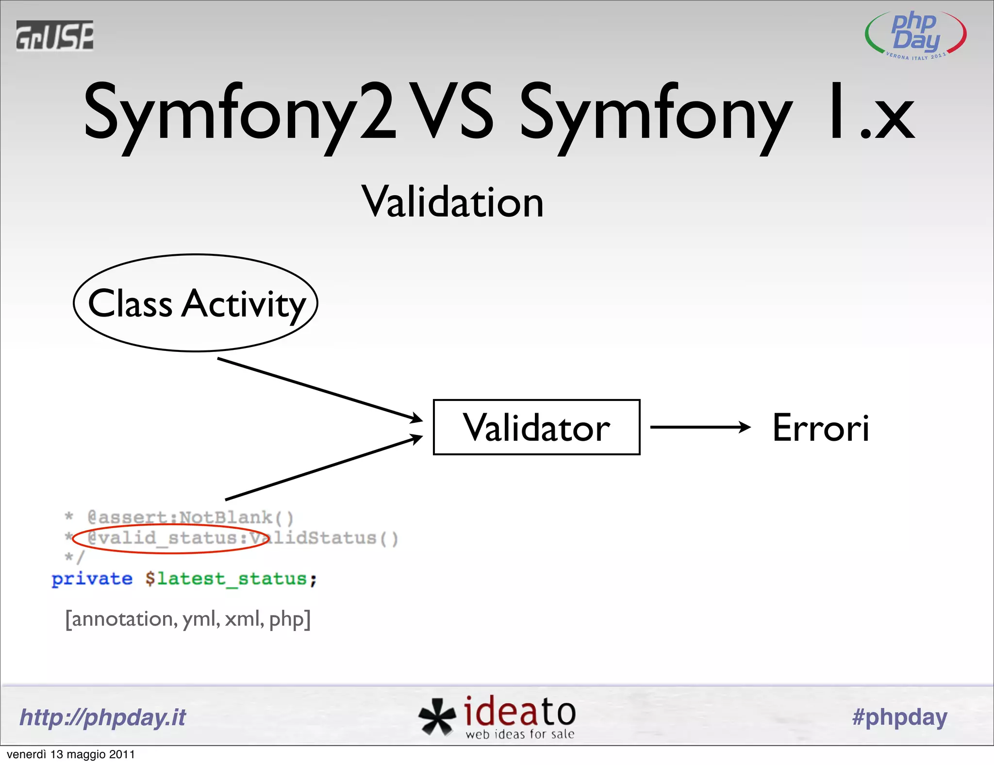 Symfony2 VS Symfony 1.x
                                       Validation

             Class Activity


                                            Validator   Errori



         [annotation, yml, xml, php]



 http://phpday.it                                           #phpday
venerdì 13 maggio 2011
 