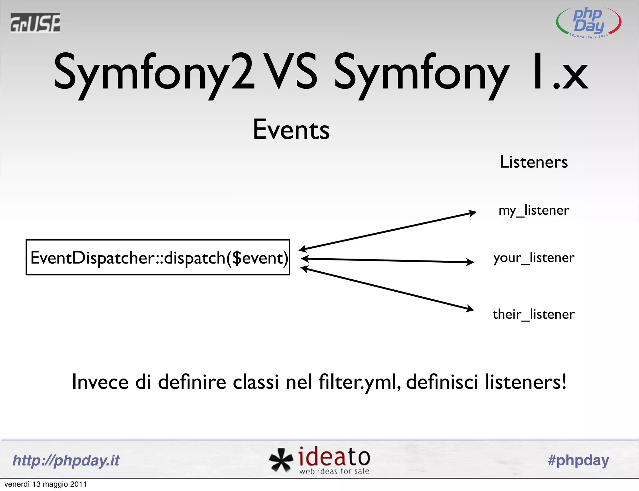 Symfony2 VS Symfony 1.x
                                      Events
                                                                    Listeners

                                                                   my_listener


      EventDispatcher::dispatch($event)                            your_listener


                                                                   their_listener



                 Invece di deﬁnire classi nel ﬁlter.yml, deﬁnisci listeners!


 http://phpday.it                                                           #phpday
venerdì 13 maggio 2011
 
