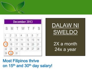 DALAW NI
SWELDO
2X a month
24x a year
Most Filipinos thrive
on 15th and 30th day salary!

 