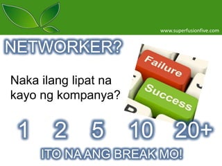 www.superfusionfive.com

NETWORKER?
Naka ilang lipat na
kayo ng kompanya?

1

2

5

10 20+

ITO NA ANG BREAK MO!

 