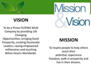 www.superfusionfive.com

VISION
To be a Prime FILIPINO MLM
Company by providing Life
Changing
Opportunities, bringing Good
Prosperity, creating Passionate
Leaders, raising empowered
millionaires and touching
Billion Hearts Worldwide.

MISSION
To inspire people to help others
reach their
potential, experience
freedom, walk in prosperity and
live in their dreams.

 