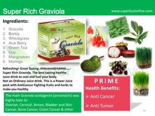 Super Rich Graviola

www.superfusionfive.com

Ingredients:

Refreshing! Great Tasting. HHmmmAhhhhhh…..
Super Rich Graviola. The best tasting healthy
Juice drink to cool and fuel your body.
Not an Ordinary Juice drink. This is a Power Juice
pack with AntiCancer Fighting fruits and herbs to
make you healthy.

The main Graviola acetogenin (annonacin) was
highly toxic to
Ovarian, Cervical, Breast, Bladder and Skin
Cancer, Bone Cancer, Colon Cancer & other
cancer cell lines.

PRIME
Health Benefits:
 Anti Cancer
 Anti Tumor
40

 