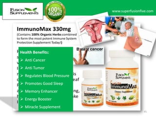 www.superfusionfive.com

Health Benefits:
 Anti Cancer

 Anti Tumor
 Regulates Blood Pressure
 Promotes Good Sleep
 Memory Enhancer
 Energy Booster
 Miracle Supplement
45

 