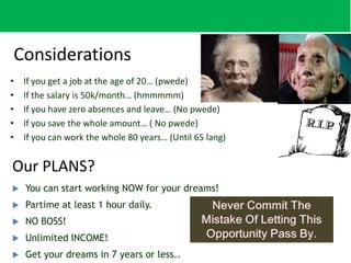Considerations
•
•
•
•
•

If you get a job at the age of 20… (pwede)
If the salary is 50k/month… (hmmmmm)
If you have zero absences and leave… (No pwede)
If you save the whole amount… ( No pwede)
If you can work the whole 80 years… (Until 65 lang)

Our PLANS?


You can start working NOW for your dreams!



Partime at least 1 hour daily.



NO BOSS!



Unlimited INCOME!



Get your dreams in 7 years or less..

 