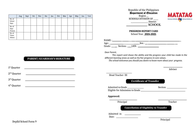 SF9 Card Grade I Sample Template 2025-2026 | DOCX