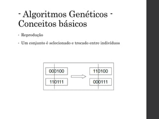 - Algoritmos Genéticos -
Conceitos básicos
• Reprodução
• Um conjunto é selecionado e trocado entre indivíduos
 
