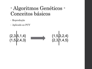 - Algoritmos Genéticos -
Conceitos básicos
• Reprodução
• Aplicado ao PCV
{2,3,5,1,4}
{1,5,2,4,3}
{1,5,3,2,4}
{2,3,1,4,5}
 