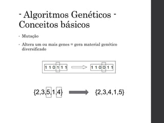 - Algoritmos Genéticos -
Conceitos básicos
• Mutação
• Altera um ou mais genes = gera material genético
diversificado
{2,3,5,1,4} {2,3,4,1,5}
 