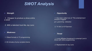 SWOT Analysis
 Strength
1. Cheaper to produce a show entire
a week
2. With a talented host like Jay Leno
 Weakness
1. Oldest formats in TV programming
2. 60 minutes of pricy scripted drama
 Opportunity
1. Has been called one of “The entertainment
industry’s biggest
pro- gramming debacles
2. To Get Lot Of Sponsor.
 Threat
1. Local affiliates threatened to preempt Leno’s
Show with other programming
2. Replacement of Jay Leno
 