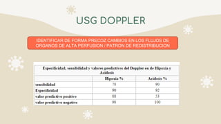 USG DOPPLER
IDENTIFICAR DE FORMA PRECOZ CAMBIOS EN LOS FLUJOS DE
ORGANOS DE ALTA PERFUSION / PATRON DE REDISTRIBUCION
 