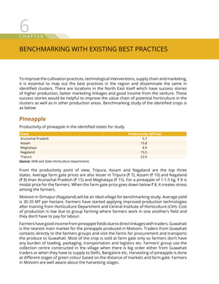 Benchmarking with Existing Best Practices
C hap t e r
6
To improve the cultivation practices, technological interventions, supply chain and marketing,
it is essential to map out the best practices in the region and disseminate the same in
identified clusters. There are locations in the North East itself which have success stories
of higher production, better marketing linkages and good income from the venture. These
success stories would be helpful to improve the value chain of potential horticulture in the
clusters as well as in other production areas. Benchmarking study of the identified crops is
as below:
Pineapple
Productivity of pineapple in the identified states for study
State Productivity (MT/ha)
Arunachal Pradesh 5.7
Assam 15.8
Meghalaya 8.9
Nagaland 15.5
Tripura 22.6
Source: NHB and State Horticulture Departments
From the productivity point of view, Tripura, Assam and Nagaland are the top three
states. Average farm gate prices are also lesser in Tripura (` 7), Assam (` 10) and Nagaland
(` 8) than Arunachal Pradesh (` 15) and Meghalaya (` 15). For a pineapple of 1-1.5 kg, ` 8 is
modal price for the farmers. When the farm gate price goes down below ` 8, it creates stress
among the farmers.
Molvom in Dimapur (Nagaland) will be an ideal village for benchmarking study. Average yield
is 30-35 MT per hectare. Farmers have started applying improved production technologies
after training from Horticulture Department and Central Institute of Horticulture (CIH). Cost
of production is low due to group farming where farmers work in one another’s field and
they don’t have to pay for labour.
Farmers havegoodincomefrompineapplefields dueto direct linkages withtraders. Guwahati
is the nearest main market for the pineapple produced in Molvom. Traders from Guwahati
contacts directly to the farmers groups and visit the farms for procurement and transports
the produce to Guwahati. Most of the crop is sold at farm gate only so farmers don’t have
any burden of loading, packaging, transportation and logistics etc. Farmers’ group use the
collection centre constructed in the village when there is big order either from Guwahati
traders or when they have to supply to Delhi, Bangalore etc. Harvesting of pineapple is done
at different stages of green colour based on the distance of markets and farm gate. Farmers
in Molvom are well aware about the harvesting stages.
 