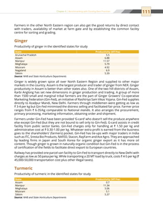 111Chapter 6 | Benchmarking with Existing Best Practices
Farmers in the other North Eastern region can also get the good returns by direct contact
with traders, availability of market at farm gate and by establishing the common facility
centre for sorting and grading.
Ginger
Productivity of ginger in the identified states for study
State Productivity (MT/ha)
Arunachal Pradesh 5.5
Assam 6.88
Manipur 11.57
Meghalaya 5.79
Mizoram 4.92
Nagaland 6.9
Sikkim 5.39
Source: NHB and State Horticulture Departments
Ginger is widely grown spice all over North Eastern Region and supplied to other major
markets in the country. Assam is the largest producer and trader of ginger from NER. Ginger
productivity in Assam is better than other states also. One of the two hill districts of Assam,
Karbi Anglong has set new dimensions in ginger production and trading. A group of more
than 1500 small and marginal tribal farmers are the part of Ginger Growers’ Co-operative
Marketing Federation (Gin-Fed), an initiative of Rashtriya Sam Vikas Yojana. Gin-Fed supplies
directly to Azadpur Mandi, New Delhi. Farmers through middlemen were getting as low as
` 3-4 per kg but Gin-Fed minimised the distress selling and facilitated fair price. Farmer price
ranges from ` 6-35/kg comparable to National mandis. It also arranges the procurement,
primary processing, marketing information, obtaining order and shipment.
Farmers under Gin-Fed have been provided ‘G-card’ who doesn’t sell the produce anywhere
else except Gin-Fed (but they are not bound to sell only to Gin-Fed). G-card assists in credit
facility from public sector banks. Gin-Fed charges only for handling at ` 1.50 per kg and
administrative cost at ` 0.30-1.00 per kg. Whatever extra profit is earned from the business
goes to the shareholders’ (farmers) pocket. Gin-Fed has tie-ups with major traders in India
such as ITC, Sresta Bio Products, NAFED, Stacon, RayFarm and Ace Agro. They are approached
by leading firms in Japan and South Korea for organic ginger export as it has more oil
content. Though ginger is grown in naturally organic condition but Gin-Fed is in the process
of certification of the fields to facilitate direct export to European countries.
Railway has provided one parcel van facility to Gin-Fed to transport directly to New Delhi with
charges as low as 50 paisa per kg. While transporting a 20 MT load by truck, costs ` 4-5 per kg (`
45,000-50,000 transportation cost plus other illegal taxes).
Turmeric
Productivity of turmeric in the identified states for study
State Productivity (MT/ha)
Assam 0.7
Manipur 11.34
Meghalaya 5.06
Mizoram 5.1
Sikkim 5.37
Source: NHB and State Horticulture Departments
 