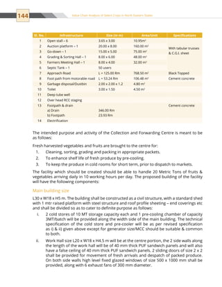 144 Value Chain Analysis of Select Crops in North Eastern States
The intended purpose and activity of the Collection and Forwarding Centre is meant to be
as follows:
Fresh harvested vegetables and fruits are brought to the centre for:
Cleaning, sorting, grading and packing in appropriate packets.1.	
To enhance shelf life of fresh produce by pre-cooling.2.	
To keep the produce in cold rooms for short term, prior to dispatch to markets.3.	
The facility which should be created should be able to handle 20 Metric Tons of fruits 
vegetables arriving daily in 10 working hours per day. The proposed building of the facility
will have the following components:
Main building size
L30 x W18 x H5 m. The building shall be constructed as a civil structure, with a standard shed
with 1 mtr raised platform with steel structure and roof profile sheeting – end coverings etc
and shall be divided so as to cater to definite purpose as follows:
2 cold stores of 10 MT storage capacity each and 1 pre-cooling chamber of capacityi.	
3MT/batch will be provided along the width side of the main building. The technical
specification of the cold store and pre-cooler will be as per revised specification
as i)  ii) given above except for generator size/MCC should be suitable  common
to both.
Work Hall size L20 x W18 x H4.5 m will be at the centre portion, the 2 side walls alongii.	
the length of the work hall will be of 40 mm thick PUF sandwich panels and will also
have a false ceiling of 40 mm thick PUF sandwich panels. 2 sliding doors of size 2 x 2
shall be provided for movement of fresh arrivals and despatch of packed produce.
On both side walls high level fixed glazed windows of size 500 x 1000 mm shall be
provided, along with 6 exhaust fans of 300 mm diameter.
Sl. No. Infrastructure Size (in m) Area/Unit Specifications
1 Open stall – 6 3.65 x 3.00 10.95m2
With tabular trusses
 C.G.I. sheet
2 Auction platform – 1 20.00 x 8.00 160.00 m2
3 Go-down – 1 15.00 x 5.00 75.00 m2
4 Grading  Sorting Hall – 1 8.00 x 6.00 48.00 m2
5 Farmers Meeting Hall – 1 8.00 x 4.00 32.00 m2
6 Septic Tank – 1 50 users
7 Approach Road L = 125.00 Rm 768.50 m2
Black Topped
8 Foot path from motorable road L = 53.24 Rm 106.48 m2
Cement concrete
9 Garbage disposal/Dustbin 2.00 x 2.00 x 1.2 4.80 m2
10 Toilet 3.00 x 1.50 4.50 m2
11 Deep tube well
12 Over head RCC staging
13 Footpath  drain
a) Drain
b) Footpath
346.00 Rm
23.93 Rm
Cement concrete
14 Electrification
 