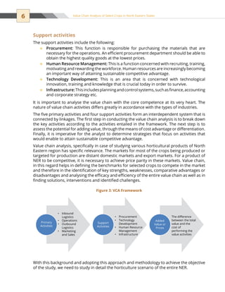 6 Value Chain Analysis of Select Crops in North Eastern States
Support activities
The support activities include the following:
Procurement:™™ This function is responsible for purchasing the materials that are
necessary for the operations. An efficient procurement department should be able to
obtain the highest quality goods at the lowest prices.
Human Resource Management:™™ This is a function concerned with recruiting, training,
motivating and rewarding the workforce. Human resources are increasingly becoming
an important way of attaining sustainable competitive advantage.
Technology Development:™™ This is an area that is concerned with technological
innovation, training and knowledge that is crucial today in order to survive.
Infrastructure:™™ Thisincludesplanningandcontrolsystems,suchasfinance,accounting
and corporate strategy etc.
It is important to analyse the value chain with the core competence at its very heart. The
nature of value chain activities differs greatly in accordance with the types of industries.
The five primary activities and four support activities form an interdependent system that is
connected by linkages. The first step in conducting the value chain analysis is to break down
the key activities according to the activities entailed in the framework. The next step is to
assess the potential for adding value, through the means of cost advantage or differentiation.
Finally, it is imperative for the analyst to determine strategies that focus on activities that
would enable to attain sustainable competitive advantage.
Value chain analysis, specifically in case of studying various horticultural products of North
Eastern region has specific relevance. The markets for most of the crops being produced or
targeted for production are distant domestic markets and export markets. For a product of
NER to be competitive, it is necessary to achieve price parity in these markets. Value chain,
in this regard helps in defining the benchmarks for selected crops to compete in the market
and therefore in the identification of key strengths, weaknesses, comparative advantages or
disadvantages and analysing the efficacy and efficiency of the entire value chain as well as in
finding solutions, interventions and identified challenges.
With this background and adopting this approach and methodology to achieve the objective
of the study, we need to study in detail the horticulture scenario of the entire NER.
• Inbound
Logistics
• Operations
• Outbound
Logistics
• Marketing
and Sales
• Procurement
• Technology
Development
• Human Resource
Management
• Infrastructure
The diﬀerence
between the total
value and the
cost of
performing the
value activities
Added
Value or
Prices
Support
Activities
Primary
Activities
Figure 3: VCA Framework
 