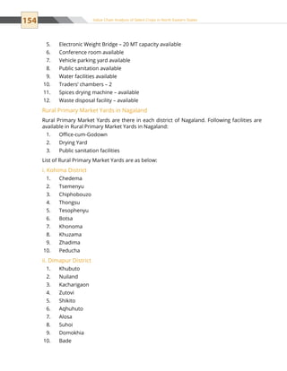 154 Value Chain Analysis of Select Crops in North Eastern States
Electronic Weight Bridge – 20 MT capacity available5.	
Conference room available6.	
Vehicle parking yard available7.	
Public sanitation available8.	
Water facilities available9.	
Traders’ chambers – 210.	
Spices drying machine – available11.	
Waste disposal facility – available12.	
Rural Primary Market Yards in Nagaland
Rural Primary Market Yards are there in each district of Nagaland. Following facilities are
available in Rural Primary Market Yards in Nagaland:
Office-cum-Godown1.	
Drying Yard2.	
Public sanitation facilities3.	
List of Rural Primary Market Yards are as below:
i. Kohima District
Chedema1.	
Tsemenyu2.	
Chiphobouzo3.	
Thongsu4.	
Tesophenyu5.	
Botsa6.	
Khonoma7.	
Khuzama8.	
Zhadima9.	
Peducha10.	
ii. Dimapur District
Khubuto1.	
Nuiland2.	
Kacharigaon3.	
Zutovi4.	
Shikito5.	
Aqhuhuto6.	
Alosa7.	
Suhoi8.	
Domokhia9.	
Bade10.	
 