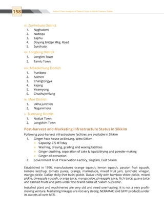 158 Value Chain Analysis of Select Crops in North Eastern States
vi. Zunhebuto District
Naghutomi1.	
Naltoqa2.	
Zaphu3.	
Doyang bridge Mkg. Road4.	
Surohuto5.	
vii. Longleng District
Longlen Town1.	
Tamlu Town2.	
viii. Mokokchung District
Puniboto1.	
Alichen2.	
Changtongya3.	
Yajang4.	
Yisemyong5.	
Chuchuyimlang6.	
ix. Mon District
Ukha junction1.	
Naganimora2.	
x. Tuensang District
Noklak Town1.	
Longkhim Town2.	
Post-harvest and Marketing infrastructure Status in Sikkim
Following post-harvest infrastructure facilities are available in Sikkim
Ginger Pack house at Birdang, West Sikkim1.	
Capacity: 7.5 MT/day™™
Washing, draying, grading and waxing facilities™™
Ginger crushing, separation of cake  liquid/drying and powder-making™™
Ginger oil extraction™™
Government Fruit Preservation Factory, Singtam, East Sikkim2.	
Established in 1956, manufactures orange squash, lemon squash, passion fruit squash,
tomato ketchup, tomato puree, orange, marmalade, mixed fruit jam, synthetic vinegar,
mango pickle, Dallae chilly (hot balls) pickle, Dallae chilly with bamboo shoot pickle, mixed
pickle, pineapple squash, orange juice, mango juice, pineapple juice, litchi juice, guava juice
and canned fruits and jams under the brand name of ‘Sikkim Supreme’.
Installed plant and machineries are very old and need overhauling. It is not a very profit-
making venture. Marketing linkages are not very strong. NERAMAC sold GFPF products under
its outlets all over NER.
 