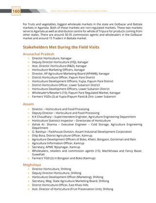 160 Value Chain Analysis of Select Crops in North Eastern States
For fruits and vegetables, biggest wholesale markets in the state are Golbazar and Battala
markets in Agartala. Both of these markets are non-regulated markets. These two markets
serve to Agartala as well as distribution centre for whole of Tripura for products coming from
other states. There are around 30-35 commission agents and wholesalers in the Golbazar
market and around 15 Traders in Battala market.
Stakeholders Met During the Field Visits
Arunachal Pradesh
Director Horticulture, Itanagar™™
Deputy Director Horticulture (HQ), Itanagar™™
Asst. Director Horticulture (RD), Itanagar™™
Horticulture Marketing Officers, Itanagar™™
Director, AP Agriculture Marketing Board (APAMB), Itanagar™™
District Horticulture Officer, Papum Pare District™™
Horticulture Development Officers, Yupia, Papum Pare District™™
District Horticulture Officer, Lower Subansiri District™™
Horticulture Development Officers, Lower Subansiri District™™
Wholesaler’s/Retailer’s (10), Papum Pare Regulated Market, Itanagar™™
Farmers’ FGDs (2) at Yupia (Papum Pare)  Ziro- Lower Subansiri™™
Assam
Director – Horticulture and Food Processing™™
Deputy Director – Horticulture and Food Processing™™
K K Choudhary – Superintendent Engineer, Agriculture Engineering Department™™
Horticulture Statistics Inspector – Directorate of Horticulture™™
Ashok Kr. Sharma – Executive Engineer – Cold Storage, Agriculture Engineering™™
Department
G. Baishya – Packhouse Division, Assam Industrial Development Corporation™™
Dilip Bora, District Agriculture Officer, Kamrup™™
Agriculture Development Officers of Boko, Khetri, Bongaon, Goroimari and Rani™™
Agriculture Information Officer, Kamrup™™
Secretary, APMC Bijoynagar, Kamrup™™
Wholesalers, retailers and commission agents (15), Machkhowa and Fancy Bazar,™™
Guwahati
Farmers’ FGD (2) in Bongaon and Boko (Kamrup)™™
Meghalaya
Director Horticulture, Shillong™™
Deputy Director Horticulture, Shillong™™
Horticulture Development Officer (Marketing), Shillong™™
Secretary, Meg. State Agriculture Marketing Board, Shillong™™
District Horticulture Officer, East Khasi Hills™™
Asst. Director of Horticulture (Fruit Preservation Unit), Shillong™™
 