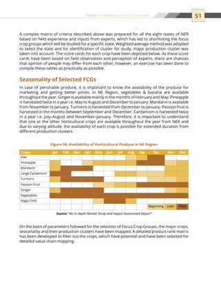 51Chapter 4 | Identification of Focus Crop Groups
A complex matrix of criteria described above was prepared for all the eight states of NER
based on field experience and inputs from experts, which has led to shortlisting the focus
crop groups which will be studied for a specific state. Weighted average method was adopted
to select the state and for identification of cluster for study, major production cluster was
taken into account. The score cards for each crop have been depicted below. As these score
cards have been based on field observation and perception of experts, there are chances
that opinion of people may differ from each other; however, an exercise has been done to
compile these tables as practically as possible.
Seasonality of Selected Fcgs
In case of perishable produce, it is important to know the availability of the produce for
marketing and getting better prices. In NE Region, vegetables  banana are available
throughout the year. Ginger is available mainly in the months of February and May. Pineapple
is harvested twice in a year i.e. May to August and December to January. Mandarin is available
from November to January. Turmeric is harvested from December to January. Passion fruit is
harvested in the months between September and December. Cardamom is harvested twice
in a year i.e. July–August and November–January. Therefore, it is important to understand
that one or the other horticultural crops are available throughout the year from NER and
due to varying altitude, the availability of each crop is possible for extended duration from
different production clusters.
On the basis of parameters followed for the selection of Focus Crop Groups, the major crops,
seasonality and their production clusters have been mapped. A detailed product rank matrix
has been developed to filter out the crops, which have potential and have been selected for
detailed value chain mapping.
Crops Jan Feb Mar Apr May Jun Jul Aug Sep Oct Nov Dec
Kiwi                        
Pineapple                        
Mandarin                        
Large Cardamom                        
Turmeric                        
Passion Fruit                        
Ginger                        
Vegetables                        
Naga Chilli                        
Beginning Lean Peak
Figure 56: Availability of Horticultural Produce in NE Region
Source: “An In-depth Market Study and Impact Assessment Report”
 
