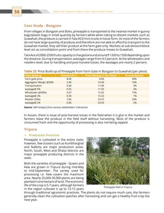 56 Value Chain Analysis of Select Crops in North Eastern States
Case Study - Bongaon
From villages in Bongaon and Boko, pineapple is transported to the nearest market in gunny
bags/plastic bags in small quantity by farmers while when taking to distant markets such as
Guwahati, the produce is carried in Tata ACE/mini trucks in loose form. As most of the farmers
do not have large quantity of produce and therefore are not able to afford to transport to the
Guwahati market, they sell their product at the farm gate only. Markets at sub-division/block
level act as consolidation point and from there the produce moves to Guwahati.
TataAceof2000-2500fruitscapacityischargedaroundaround`1200to1500dependingupon
the distance. During transportation, wastages range from 4-5 percent. At the wholesalers and
retailers level, due to handling and post-harvest losses, the wastages are nearly 2 percent.
In Assam, there is issue of post-harvest losses in the field when it is glut in the market and
farmers leave the produce in the field itself without harvesting. Most of the produce is
consumed fresh and the opportunity of processing is also not being tapped.
Tripura
Production Practices™™
Pineapple is cultivated in the entire state;
however, few clusters such as Kumbharghat
and Nalkota are major production areas.
North, South, West and Dhalai districts are
major pineapple producing districts in the
state.
Both the varieties of pineapple - Queen and
Kew are grown in Tripura during mid-May
to mid-September. The variety used for
processing i.e. Kew covers the maximum
area. Nearly 25,000-30,000 plants are being
plantedinonehectareofland.Theeconomic
life of the crop is 5-7 years, although farmers
in the region cultivate it up to 12-15 years
through traditional agronomic practices. The plants do not require much care, the farmers
generally clean the cultivation patches after harvesting and can get a healthy fruit crop the
next year.
Pineapple field in Tripura
Price Build-up Amount (in `) Price Markup (` Per Piece) % contribution
Farm gate price 8.00 8.00 34%
Aggregator Margin @30% 2.40 10.40 10%
Transportation 0.60 11.00 3%
wastage@ 5% 0.55 11.55 2%
Wholesaler (@30%) 3.47 15.02 15%
wastage@ 2% 0.30 15.32 1%
Retailer (50%) 7.66 22.97 33%
wastage@ 2% 0.46 23.43 2%
Source: ISAP analysis from various stakeholders’ interaction
Table 33: Price Build-up-of Pineapple from Farm Gate in Bongaon to Guwahati (per piece)
 