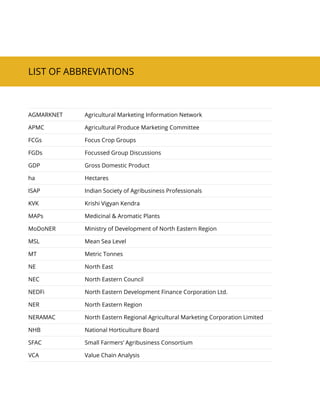 LIST OF ABBREVIATIONS
AGMARKNET 	 Agricultural Marketing Information Network
APMC 	 Agricultural Produce Marketing Committee
FCGs	 Focus Crop Groups
FGDs 	 Focussed Group Discussions
GDP 	 Gross Domestic Product
ha	 Hectares
ISAP 	 Indian Society of Agribusiness Professionals
KVK 	 Krishi Vigyan Kendra
MAPs	 Medicinal  Aromatic Plants
MoDoNER 	 Ministry of Development of North Eastern Region
MSL 	 Mean Sea Level
MT 	 Metric Tonnes
NE 	North East
NEC 	North Eastern Council
NEDFi 	 North Eastern Development Finance Corporation Ltd.
NER	North Eastern Region
NERAMAC 	North Eastern Regional Agricultural Marketing Corporation Limited
NHB 	National Horticulture Board
SFAC 	 Small Farmers’ Agribusiness Consortium
VCA 	 Value Chain Analysis
 