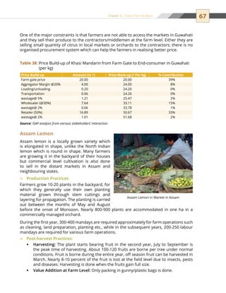 67Chapter 5 | Value Chain Analysis
One of the major constraints is that farmers are not able to access the markets in Guwahati
and they sell their produce to the contractors/middlemen at the farm level. Either they are
selling small quantity of citrus in local markets or orchards to the contractors; there is no
organised procurement system which can help the farmers in realising better price.
Price Build-up Amount (in `) Price Mark-up (` Per kg) % Contribution
Farm gate price 20.00 20.00 39%
Aggregator Margin @20% 4.00 24.00 8%
Loading/unloading 0.20 24.20 0%
Transportation 0.06 24.26 0%
wastage@ 5% 1.21 25.47 2%
Wholesaler (@30%) 7.64 33.11 15%
wastage@ 2% 0.66 33.78 1%
Retailer (50%) 16.89 50.67 33%
wastage@ 2% 1.01 51.68 2%
Source: ISAP analysis from various stakeholders’ interaction
Table 38: Price Build-up of Khasi Mandarin from Farm Gate to End-consumer in Guwahati
(per kg)
Assam Lemon
Assam lemon is a locally grown variety which
is elongated in shape, unlike the North Indian
lemon which is round in shape. Many farmers
are growing it in the backyard of their houses
but commercial level cultivation is also done
to sell in the distant markets in Assam and
neighbouring states.
Production Practices™™
Farmers grow 10-20 plants in the backyard, for
which they generally use their own planting
material grown through stem cuttings and
layering for propagation. The planting is carried
out between the months of May and August
before the onset of Monsoon. Nearly 800-900 plants are accommodated in one ha in a
commercially managed orchard.
During the first year, 300-400 mandays are required approximately for farm operations such
as cleaning, land preparation, planting etc., while in the subsequent years, 200-250 labour
mandays are required for various farm operations.
Post-harvest Practices:™™
Harvesting:ƒƒ The plant starts bearing fruit in the second year, July to September is
the peak time of harvesting. About 100-120 fruits are borne per tree under normal
conditions. Fruit is borne during the entire year, off season fruit can be harvested in
March. Nearly 8-10 percent of the fruit is lost at the field level due to insects, pests
and diseases. Harvesting is done when the fruits gain full size.
Value Addition at Farm Level:ƒƒ Only packing in gunny/plastic bags is done.
Assam Lemon in Market in Assam
 