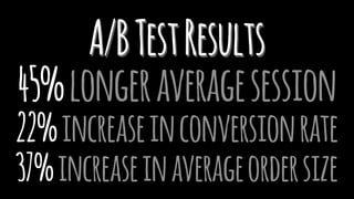 A/BTestResults
45%longeraveragesession
22%increaseinconversionrate
37%increaseinaverageordersize
 