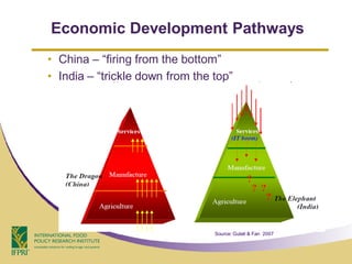 Economic Development Pathways
• China – “firing from the bottom”
• India – “trickle down from the top”




                                 Source: Gulati & Fan 2007
 