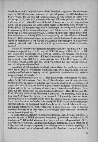 betød dette, at KF (ml)-fraktionen ville få flertal på kongressen, idet de delege-
rede fra SUF-København sammen med de delegerede fra SUF-Gladsaxe og
SUF-Nyborg, der var rene KF (mb-afdelinger, da ville udgøre et flertal. Ville
det øvrige SUF, som ikke sympatiserede med KF (ml)s politiske linie, derfor
forhindre, at KF (ml)-fraktionen fik flertal på kongressen, var der ingen anden
udvej end at organisere det nødvendige flertal til delegeretvalget, hvilket lyk-
kedes. Forud for delegeretvalget den 6. maj foregik der nemlig en intensiv med-
lemshvervning til Københavnsafdelingen, med det formål, at forhindre KF (ml)-
fraktionen i at vinde delegeretvalget. Gennem »hemmelige« forhandlinger mel-
lem medlemmer af VSs og SUFs forretningsudvalg om indmeldelse af VS-med-
lemmer i Københavnsafdelingen, og gennem den trotzkistiske fraktions mobili-
sering af medlemmer af RS og den trotzkistiske aktivistgruppe »Revolutionær
Aktion«, indmeldtes der i løbet af april 63 nye medlemmer i Københavnsafde-
lingen.”
Udfaldet af Københavnsafdelingens delegeretvalg den 6. maj blev, at KF (ml)-
fraktionen ingen delegerede fik valgt til SUFs 10. kongres. Dette betød, at KF
(ml)-frakti0nens muligheder for at opnå et flertal for sin politiske linie på kon-
gressen hermed var udelukket. KF (ml)-fraktionens strategi, der tydeligt nok
gik ud på at erobre SUF for KF (ml)s politiske linie på den 10. kongres, var såle-
des slået i stykker. Dette kom bl.a. til udtryk gennem KF (ml)-fraktionens reak-
tion på delegeretvalgets udfald.
I anledning af delegeretvalgets udfald rettede Københavnsafdelingens besty-
relse den 9. maj en forespørgsel til landsledelsen, hvori den betegnede delege-
retvalgets udfald som et kup og rent ud opfordrede landsledelsen til at erklære
delegeretvalget for ugyldigt.41
På landsledelsesmødet den 10.-11. maj diskuteredes forespørgslen fra besty-
relsen for SUF-København. Da et flertal i landsledelsen den 10. maj afviste be-
styrelsens brev og vedtog at udsætte den videre behandling af forespørgslen til
dagen efter den 11. maj, for herved at give flertallet mulighed for nøje skriftligt
at give udtryk for sin vurdering af situationen i Københavnsafdelingen, fore-
lagde KF (ml)-fraktionens fire landsledelsesmedlemmer -
Hans H. Nielsen, Ole
Koch, Kirstine Münster og Flemming Rasmussen -
en erklæring, hvori de på
linie med SUF-Københavns bestyrelse betegnede delegeretvalget som »et kup«,
samtidig med at de karakteriserede SUFs 10. kongres som en »falsk kongres«,
fordi den efter deres opfattelse ikke afspejlede SUFs aktive medlemsmæssige
sammensætning. På baggrund heraf fralagde de fire landsledelseSmedlemmer
sig ethvert medansvar for forberedelserne til kongressen, og Hans H. Nielsen
meddelte herefter på de ñres vegne, at de nedlagde deres mandater i landsledel-
sen og forretningsudvalget.42
På landsledelsesmødet den 11. maj afviste landsledelsen, dvs. det øvrige SUF,
gennem et brev til SUF-Københavns bestyrelse og en intern udtalelse til SUFs
medlemmer”, KF (ml)-fraktionens krav om at erklære delegeretvalget i SUF-
København for ugyldigt. Landsledelsen henviste formelt til, at den opfattede et
lovligt indkaldt delegeretvalgmøde i en afdeling som en suveræn myndighed i
forbindelse med valg af delegerede, såfremt de tilstedeværende opfyldte SUFs
151
 