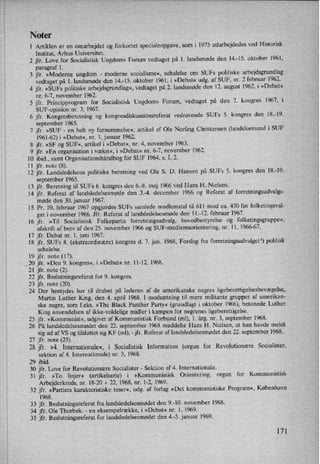 Noter
1 Artiklen er en omarbejdet og forkortet specialeopgave, som i 1975 udarbejdedes ved Historisk
Institut, Århus Universitet.
2 jfr. Love for Socialistisk Ungdoms Forum vedtaget på 1. landsmøde den 14.-15. oktober 1961,
paragraf 1.
3 jfr. »Moderne ungdom -
moderne socialisme«, udtalelse om SUFs politiske arbejdsgrundlag
vedtaget på 1. landsmøde den 14.-15. oktober 1961, i »Debat« udg. af SUF, nr. 2 februar 1962.
4 jfr. »SUFs politiske arbejdsgrundlag«,vedtaget på 2. landsmøde den 12. august 1962, i »Debat«
nr. 6-7, november 1962.
5 jfr. Principprogram for Socialistisk Ungdoms Forum, vedtaget på den 7. kongres 1967, i
SUF-opinion nr. 3, 1967.
6 jfr. Kongresberetning og kongresdiskussiönsreferatvedrørende SUFs 5. kongres den 18.-19.
september 1965.
7 jfr. »SUF -
en helt ny fornemmelse«, artikel af Ole Norling Christensen (landsformand i SUF
l961-62)i »Debat«, nr. 1, januar 1962.
8 jfr. »SF og SUF«, artikel i »Debat«, nr. 4, november 1963.
9 jfr. »En organisation i vækst«, 1 »Debat« nr. 6-7, november 1962.
10 ibid., samt Organisationshåndbogfor SUF 1964, s. I, 2.
11 jfr. note (8).
12 jfr. Landsledelsens politiske beretning ved Ole S. D. Hansen på SUFs 5. kongres den 18.-19.
september 1965.
13 jfr. Beretning til SUFs 6. kongres den 6.-8. maj 1966 ved Hans H. Nielsen.
14 jfr. Referat af landsledelsesmøde den 3.-4. december 1966 og Referat af forretningsudvalgs-
møde den 30. januar 1967.
15 Pr. 10. februar 1967 opgjordes SUFs samlede medlemstal til 611 mod ca. 470 før folketingsval-
get i november 1966. Jfr. Referat af landsledelsesmøde den 11.-12. februar 1967.
16 jfr. »Til Socialistisk Folkepartis forretningsudvalg, hovedbestyrelse og folketingsgruppe«,
afskrift af brev af den 25. november 1966 og SUF-medlemsorientering, nr. 11, 1966-67.
17 jfr. Debat nr. 1, juni 1967.
18 jfr. SUFs 8. (ekstraordinære) kongres d. 7. jan. 1968, Forslag fra forretningsudvalgetl) politisk
udtalelse.
19 jfr. note (17).
,20 jfr. »Den 9. kongres«, i »Debat« nr. 11-12, 1968.
21 jfr. note (2).
22 jfr. Beslutningsreferat for 9. kongres.
23 jfr. note (20).
.
24 Der hentydes her til drabet på lederen af de amerikanske negres ligeberettigelsesbevægelse,
Martin Luther King, den 4. april 1968. I modsætning til mere militante grupper af amerikan-
ske negre, som f.eks. »The Black Panther Party« (grundlagt i oktober 1966), betonede Luther
King anvendelsen af ikke-voldelige midler i kampen for negrenes ligeberettigelse.
25 jfr. »Kommunist«, udgivet af Kommunistisk Forbund (ml), 1. årg. nr. 3, september 1968.
26 På landsledelsesmødet den 22. september 1968 meddelte Hans H. Nielsen, at han havde meldt
sig ud af VS og tilsluttet sig KF (ml), -
jfr. Referat af landsledelsesmødet den 22. september 1968.
27 jfr. note (25).
28 jfr. »4. Internationale«, i Socialistisk Information (organ for Revolutionære Socialister,
sektion af 4. Internationale) nr. 3, 1968.
29 ibid.
30 jfr. Love for Revolutionære Socialister -
Sektion af 4. Internationale.
31 jfr. »To linjer« (artikelserie) i »Kommunistisk Orientering, organ for Kommunistisk
Arbejderkreds, nr. 18-20 + 22, 1968, nr. 1-2, 1969.
32 jfr. »Partiets karakteristiske teser«, udg. af forlag »Det kommunistiske Program«, København
1968.
33 jfr. Beslutningsreferat fra landsledelsesmødet den 9.-10. november 1968.
34 jfr. Ole Thorbek: -
en eksempelrække, i »Debat« nr. 1, 1969.
35 jfr. Beslutningsreferat for landsledelsesmødet den 4.-5. januar 1969.
171
 
