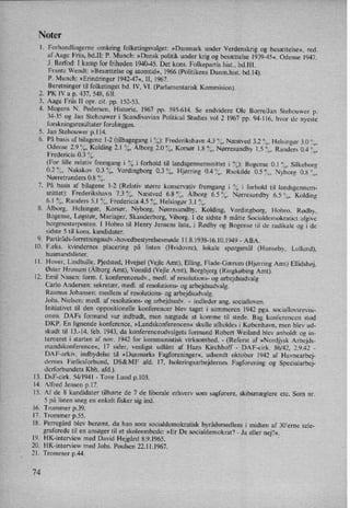 Noter
.M
P'
11.
12.
13.
14.
15.
16.
17.
18.
19.
20.
21.
74
Forhandlingerne omkring folketingsvalget: »Danmark under Verdenskrig og besættelse«, red.
af Aage Friis, bd.ll: P. Munch: »Dansk politik under krig og besættelse 1939-45«, Odense 1947.
l. Barfod: I kamp for friheden 1940-45. Det kons. Folkepartis hist., bd.lll.
Frantz Wendt: »Besættelse og atomtid«, 1966 (Politikens Danm.hist. bd.l4).
P. Munch: »Erindringer 1942-47«,II, 1967.
Beretninger til folketinget bd. 1V, V1. (Parlamentarisk Kommision).
PK 1V a p. 437, 548, 631.
Aage Friis ll opr. cit. pp. 152-53.
Mogens N. Pedersen, Historie, 1967 pp. 595-614. Se endvidere Ole Borre/Jan Stehouwer p.
34-35 og Jan Stehouwer i Scandivavian Political Studies vol 2 1967 pp. 94-116, hvor de nyeste
forskningsresultater forelægges.
Jan Stehouwer p.114.
På basis af bilagene 1-2 (tilbagegang i 7,): Frederikshavn 4.3 %, Næstved 3.2 3⁄0,Helsingør 3.0 “m
Odense 2.9 °⁄,,,Kolding 2.1 %, Ålborg2.0 *70,Korsør 1.8 °⁄,,,Nørresundby 1.5 3”,Randers 04 f”,
Fredericia 0.3 %.
(For lille relativ fremgang i °⁄,,i forhold til landsgennemsnittet i o⁄,,):Bogense 0.1 (3⁄0,Silkeborg
0.2 °⁄o,Nakskov 0.3 °⁄0,Vordingborg 0.3 °⁄,,,Hjørring 0.4 %, Rsokilde 0.5 '34,,Nyborg 0,8%,
Nørretranders 0.8 “70.
På basis af bilagene 1-2 (Relativ større konservativ fremgang i °/,,i forhold til landsgennem-
snittet): Frederikshavn 7.3 %, Næstved 6.8 %, Ålborg 6.5 'VwNørresundby 6.5 3", Kolding
6.1 %, Randers 51 °⁄0,Fredericia 4.5 %, Helsingør 3.1 2,.
Ålborg, Helsingør, Korsør, Nyborg, Nørresundby, Kolding, Vordingborg, Hobro, Rødby,
Bogense, Løgstør, Mariager, Skanderborg, Viborg. I de sidste 8 måtte Socialdemokratiet afgive
borgmesterposten. I Hobro til Henry Jensens liste, i Rødby og Bogense til de radikale og i de
sidste 5 til kons. kandidater.
Partiråds-forretningsudv.-hovedbestyrelsesmøde11.8.1938-16.10.1949 -
ABA.
F.eks. kvindernes placering på listen (Hvidovre), lokale spørgsmål (Hunseby, Lolland),
husmandslister.
Hover, Lindballe, Pjedsted, Hvejsel (Vejle Amt), Elling, Flade-Gærum (Hjørring Amt) Ellidshøj,
Øster Hronum (ÅlborgAmt), Vonsild (Vejle Amt), Borgbjerg (Ringkøbing Amt).
Emil Nissen: form. f. konferenceudv., medl. af resolutions- og arbejdsudvalg
Carlo Andersen: sekretær, medl. af resolutions- og arbejdsudvalg.
Rasmus Johansen: medlem af resolutions- og arbejdsudvalg.
Johs. Nielsen: medl. af resolutions- og arbejdsudv. + indleder ang. socialloven.
Initiativet til den oppositionelle konferencer blev taget i sommeren 1942 pga. sociallovsrevisi-
onen. DAFs formand var indbudt, men nægtede at komme til stede. Bag konferencen stod
DKP. En lignende konference, »Landskonferencen« skulle afholdes i København, men blev ud-
skudt til 13.-14. feb. 1943, da konferenceudvalgets formand Robert Weiland blev anholdt og in-
terneret i starten af nov. 1942 for kommunistisk virksomhed. -
(Referat af »Nordjysk Arbejds-
mandskonference«, 17 sider, venligst udlånt af Hans Kirchhoff -
DAF-cirk. 86/42, 2.9.42 -
DAF-arkiv, indbydelse til »Danmarks Fagforeninger«, udsendt oktober 1942 af Havnearbej-
dernes Fællesforbund, DS&MF afd. 17, Isoleringsarbejdernes Fagforening og Specialarbej-
derforbundets Kbh. afd.).
DsF-cirk. 54/1941 -
Tove Lund p.103.
Alfred Jensen p.17.
Af de 8 kandidater tilhørte de 7 de liberale erhverv som sagførere, skibsmæglere etc. Som nr.
5 på listen sneg en enkelt fisker sig ind.
Trommer p.39.
Trommer p.55.
Perregård blev berømt, da han som socialdemokratisk byrådsmedlem i midten af 30'erne tele-
graferede til en ansøger til et skoleembede: »Er De socialdemokrat? -
Ja eller nej?«.
H K-interview med David Hejgård 8.9.1965.
'
HK-interview med Johs. Poulsen 22.11.1967.
Trommer p.44.
 