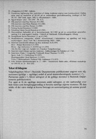 22.
23.
24.
25.
26.
27.
28.
29.
30.
31.
32.
33.
34.
35.
»Vestjyden«6.5.1943 -
lederen.
Formernes fagforening blev endvidere af Alsing Andersen angivet som kommunistisk i forbin-
delse med en resolution af 24.3.43 på er. extraordinær generalforsamling, modtaget af DsF
30.3.43 -
DsF forsk. sager, 1942, 6, »Resolutioner« -
ABA.
Sigurd Schytz' arkiv -
RA 6701 -
Pk. 6,12.
HK-interview med Kaj Petersen 29.1.1965.
HK-interview med Petra Petersen 31.5.1965.
HK-interview med Kaj Hansen 1.2.1965.
Nyborg Social-Demokrat 3.5.1943.
Nykøbing Falster Social-Demokrat 6.5.1943.
Henvendelsen behandlet på et bestyrelsesmøde 24.3.1943 og på en extraordinær generalfor-
samling 21.4. med negativt resultat -
Udskrift af Fabriksarb. Forhandlingsprot. Ålborg.
Nordjyllands Social-Demokrat 1.5. og 4.5.1943.
Maskinskreven redegørelse, ufuldst. »Listeforbund i købstæderne og opstilling ved borg-
mestervalget« -
Socd. Forb. 46.3, »kommunevalg 1943« -
ABA.
Interview med Eskild Johnsen og Jens Andersen 18.10.1974.
Brev -
Holger Bennetsen 6.11.1974.
Breve -
Åge Jochumsen 11.10.1974 og 2.11.1974.
Alle fire blev valgt ind i byrådet for »Nakskov Vælgerforening«.
Interview med Johnsen og Jens Andersen -
Indberetninger fra Nakskov af 1.7.43.
Interviews: Form. f. Litografisk Trykkeal'd. Knud Thamsen 7.1.1972.
Sporv. funk. V. J. Sehlichting 23.3.1972,
Bygningssnedker Aksel Sørensen 15.5.1972.
Form. f. Skibsværftsarb. Forbund Villy Andreasen 17.5.1972.
Eiler Jensens talermanuskripter nr. 2 -
ABA -
Statsminister Buhls arkiv, »Politiske manuskrip-
ter 1941-50, nr. 2« -
RA 5243.
Tekst til bilagene
Valgdeltagelsen bliver i Statistisk Departements publikationer angivet som afg.
stemmers (gyldige + ugyldige) andel af antal stemmeberettigede stemmer i %.
Partiernes andel i °⁄obliver udregnet af de gyldige stemmer (i Statistisk Depar-
tements publikationer).
For også at få de ugyldige stemmers andel udregnet, er det nødvendigt over
hele linien som beregningsgrundlag at benytte samtlige afgivne stemmer. På den
måde vil det være muligt at kunne foretage en sammenligning på samme grund-
lag.
75
 
