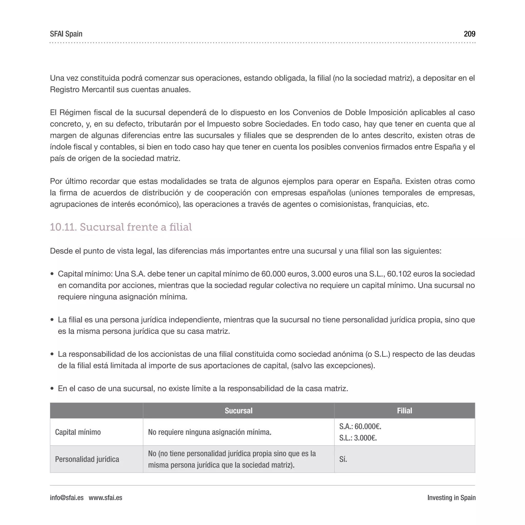 Investing in Spain
209
Una vez constituida podrá comenzar sus operaciones, estando obligada, la filial (no la sociedad matriz), a depositar en el
Registro Mercantil sus cuentas anuales.
El Régimen fiscal de la sucursal dependerá de lo dispuesto en los Convenios de Doble Imposición aplicables al caso
concreto, y, en su defecto, tributarán por el Impuesto sobre Sociedades. En todo caso, hay que tener en cuenta que al
margen de algunas diferencias entre las sucursales y filiales que se desprenden de lo antes descrito, existen otras de
índole fiscal y contables, si bien en todo caso hay que tener en cuenta los posibles convenios firmados entre España y el
país de origen de la sociedad matriz.
Por último recordar que estas modalidades se trata de algunos ejemplos para operar en España. Existen otras como
la firma de acuerdos de distribución y de cooperación con empresas españolas (uniones temporales de empresas,
agrupaciones de interés económico), las operaciones a través de agentes o comisionistas, franquicias, etc.
10.11. Sucursal frente a filial
Desde el punto de vista legal, las diferencias más importantes entre una sucursal y una filial son las siguientes:
•	 Capital mínimo: Una S.A. debe tener un capital mínimo de 60.000 euros, 3.000 euros una S.L., 60.102 euros la sociedad
en comandita por acciones, mientras que la sociedad regular colectiva no requiere un capital mínimo. Una sucursal no
requiere ninguna asignación mínima.
•	 La filial es una persona jurídica independiente, mientras que la sucursal no tiene personalidad jurídica propia, sino que
es la misma persona jurídica que su casa matriz.
•	 La responsabilidad de los accionistas de una filial constituida como sociedad anónima (o S.L.) respecto de las deudas
de la filial está limitada al importe de sus aportaciones de capital, (salvo las excepciones).
•	 En el caso de una sucursal, no existe límite a la responsabilidad de la casa matriz.
Sucursal Filial
Capital mínimo No requiere ninguna asignación mínima.
S.A.: 60.000€.
S.L.: 3.000€.
Personalidad jurídica
No (no tiene personalidad jurídica propia sino que es la
misma persona jurídica que la sociedad matriz).
Sí.
SFAI Spain
info@sfai.es www.sfai.es
 