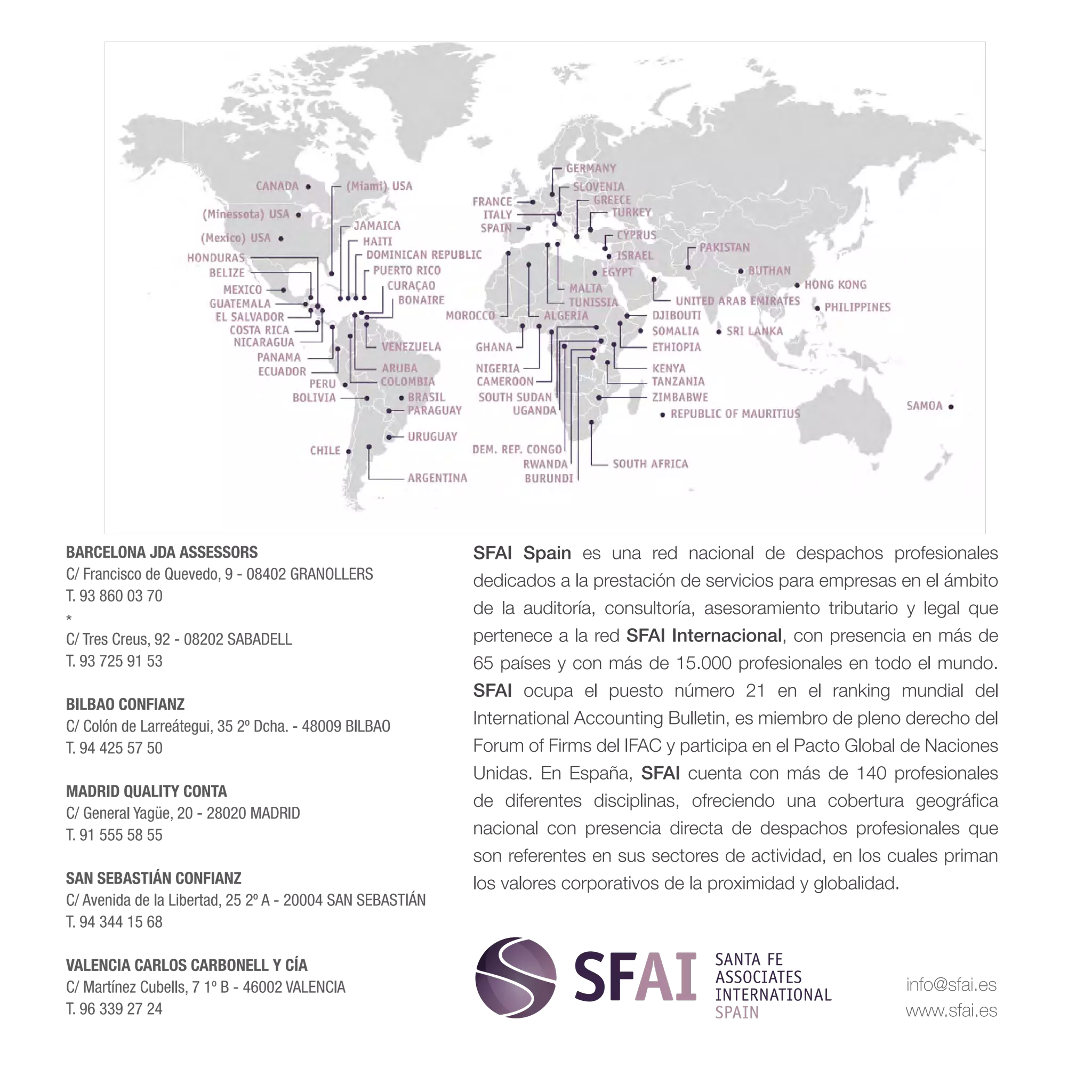 BARCELONA JDA ASSESSORS
C/ Francisco de Quevedo, 9 - 08402 GRANOLLERS
T. 93 860 03 70
*
C/ Tres Creus, 92 - 08202 SABADELL
T. 93 725 91 53
BILBAO CONFIANZ
C/ Colón de Larreátegui, 35 2º Dcha. - 48009 BILBAO
T. 94 425 57 50
MADRID QUALITY CONTA
C/ General Yagüe, 20 - 28020 MADRID
T. 91 555 58 55
SAN SEBASTIÁN CONFIANZ
C/ Avenida de la Libertad, 25 2º A - 20004 SAN SEBASTIÁN
T. 94 344 15 68
VALENCIA CARLOS CARBONELL Y CÍA
C/ Martínez Cubells, 7 1º B - 46002 VALENCIA
T. 96 339 27 24
SFAI Spain es una red nacional de despachos profesionales
dedicados a la prestación de servicios para empresas en el ámbito
de la auditoría, consultoría, asesoramiento tributario y legal que
pertenece a la red SFAI Internacional, con presencia en más de
65 países y con más de 15.000 profesionales en todo el mundo.
SFAI ocupa el puesto número 21 en el ranking mundial del
International Accounting Bulletin, es miembro de pleno derecho del
Forum of Firms del IFAC y participa en el Pacto Global de Naciones
Unidas. En España, SFAI cuenta con más de 140 profesionales
de diferentes disciplinas,  ofreciendo una cobertura geográfica
nacional con presencia directa de despachos profesionales que
son referentes en sus sectores de actividad, en los cuales priman
los valores corporativos de la proximidad y globalidad.
info@sfai.es
www.sfai.es
 